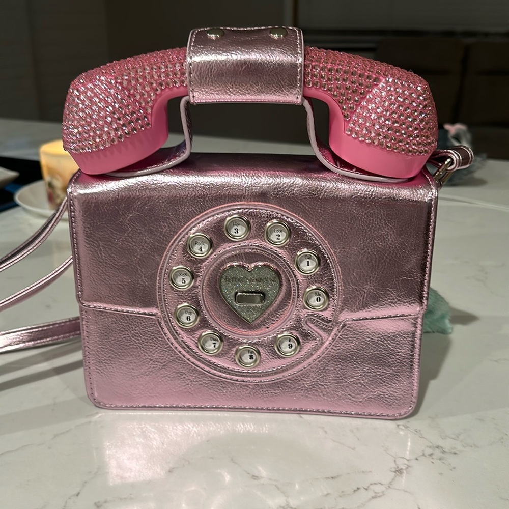 Betsey Johnson Kitsch Give Me a Ring Pink Metallic Phone Crossbody Bag